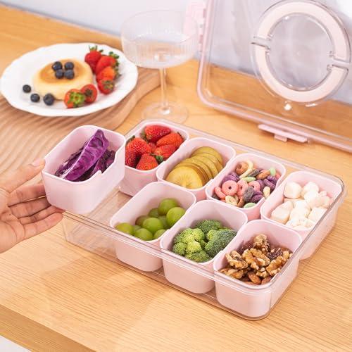 WACOI Divided Snack Serving Tray with Lid and Handle Travel Snackle Charcuterie Container Portable Storage Organizer for Candy, Fruits, Nuts, Snacks, Party, Picnic (1pack, Pink) - color: Pink