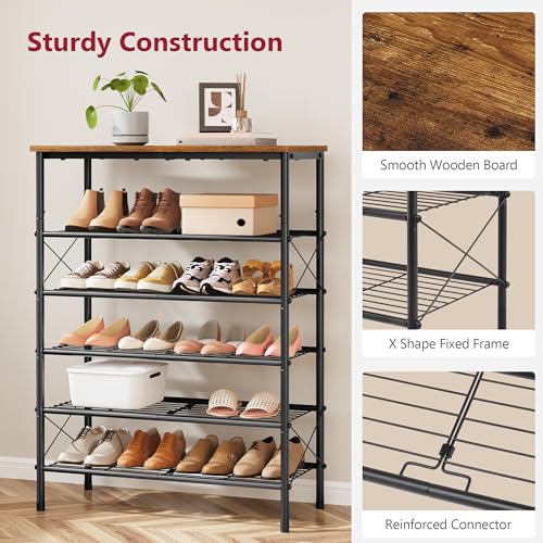 Tajsoon 6 Tier Free Standing Shoe Rack for 20-24 Pairs, X Shape Fixed Frame Metal Mesh Shoe Rack for Closet, Rustic Brown & Black - color: Rustic Brown & Black, size: 6-Tier