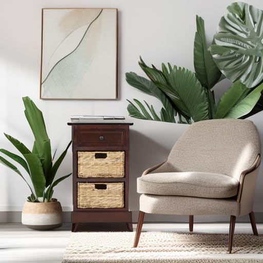 SAFAVIEH Home Collection Carrie Dark Cherry / Natural Wicker 3-Drawer Storage Nightstand Side Table (Fully Assembled) - color: Dark Cherry