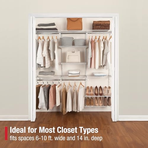 Rubbermaid Configurations Custom Closet Kit 6-10 Ft. Adjustable Metal Wire Shelving White Finish Expandable Organization System Hardware Included for Home Closet/Pantry/Laundry/Mudroom - color: White, size: 6-10 Feet