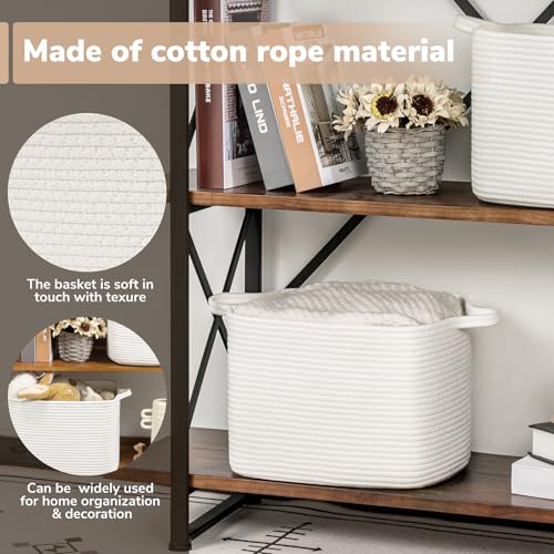 Goodpick White Woven Rope Basket with Handles, Medium Rectangle Basket for Books, Toys, Towels, Square Decorative Baskets for Living Room, Nursery, Shelf Baskets for Bedroom, 13" x 10" x 9" - color: White, size: 13"L x 10"W x 9"H