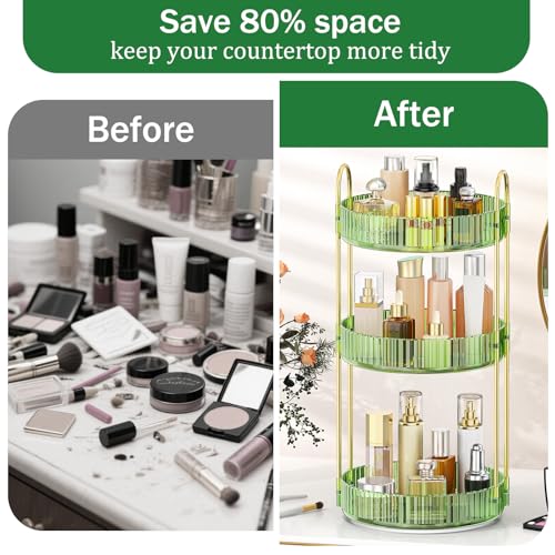 MOKANI 360 Rotating Makeup Organizer for Vanity, 3 Tier Adjustable Perfume Organizer for Dresser, Multi-Function Spinning Cosmetics Skincare Storage for Bedroom, Dresser, Countertop, Green - color: A-Green, size: 3 Tier