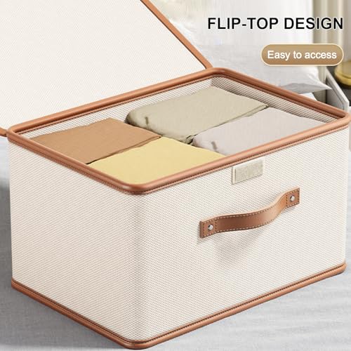 4 PCS Oxford Fabric Storage Bins with Attached Lid - Large Clothes Organizer (44x30x29cm), Breathable Collapsible Closet Bins for Clothing, Seasonal & Dorm Organization, Beige - size: 4PCS