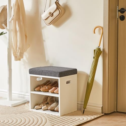 YMYNY Shoe Storage Bench with Cushion, 2 Tier Shoe Rack with Padded Seat, Adjustable Shoe Organizer Cabinet for Entryway, Living Room, Hallway, Closet, Bedroom, 15.4L*11W*16.54H, White, UHBD028W - color: White
