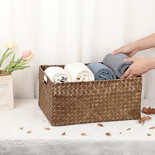 Hipiwe Seagrass Storage Baskets Bin for Shelf Handwoven Wicker Baskets Built-in Handles Rectangular Closet Bedroom Organizer Box Multipurpose Storage Basket Organizer,16.1"L x11.8"W x7.7"H - color: Coffee, size: X-Large,16.1"x11.8"x7.7"