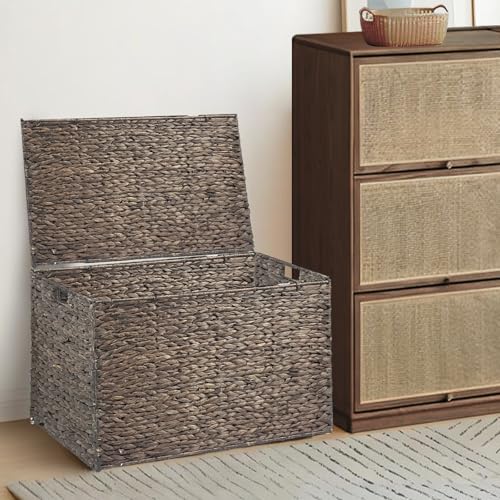 Water Hyacinth Storage Basket with Lid, 27.7 Gallon (105L) Blanket Storage Basket with Handles, Woven Storage Bin, Foldable, Metal Frame, for Bedroom, Laundry Room, Brown - color: Brown, size: 105 L:15.7 x 26 x 15.7 Inches