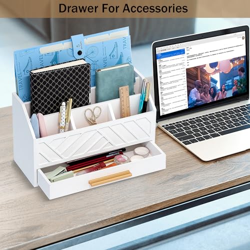 dreampossible white Wood Desk Organizer and Accessories with Drawer, Bill Mail Organizer and File Mail Holder for Office Supplies, Modern Desk Accessories & Workspace Organizers for Desk Organization - color: White A