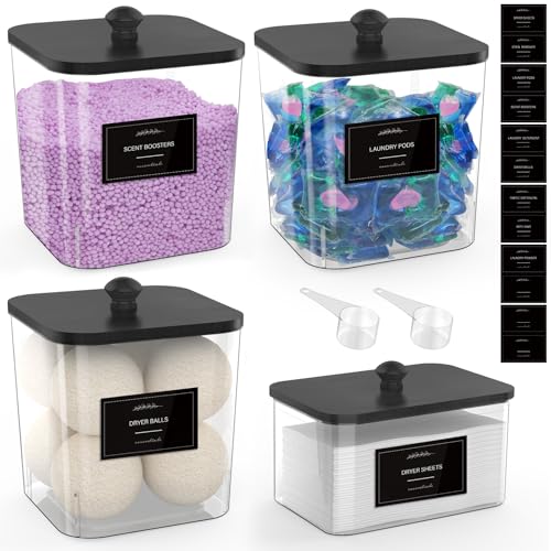 COAZEX 3+1 Pack Clear Laundry Pods Container & Dryer Sheet Holder, Plastic Square Laundry Room Organization and Storage Jars with Black Lids, Scoops & Labels for Detergent, Powder, Dryer Balls - color: 3+1 Pack
