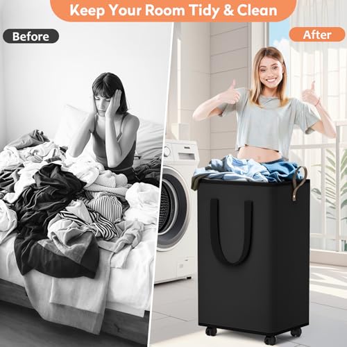 SpaceTrove Laundry Basket with Wheels, Collapsible Laundry Baskets, Laundry Hamper with Handles Detachable Wheels, Rolling Laundry Basket, Dirty Clothes Hamper for Bathroom, Dorm, Bedroom, Black, 100L - color: Black, size: 100L