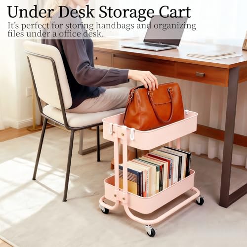 2 Tier Rolling Cart with Wheels for Under Desk Storage, Pink Small Rolling Pantry Storage Cart for Small Space, Metal Short Utility Shelf for Vanity Kitchen Bathrrom Laundry Organization - color: Pink-1, size: 2-tier