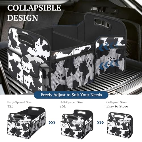 Femuar Car Trunk Organizer, Cow Print, Vintage Style, 52L Capacity, 4 Compartments, Waterproof, Non-Slip, Collapsible, 22.5"D x 18"W x 10.8"H - color: Cow print, size: Standard