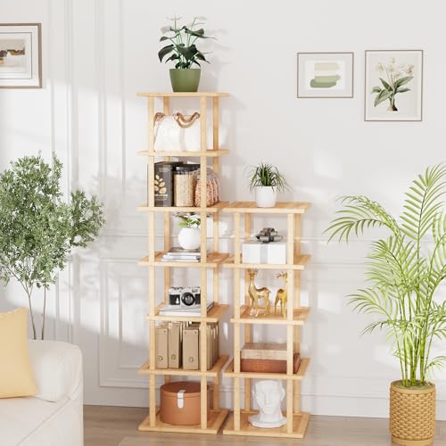 Vertical Tall Shoe Rack Organizer for Entryway -12 Tier Free Standing Slim Narrow Bamboo Wood Corner Stackable Shoe Boots Storage Stand Small Spaces for Closet Garage Cloakroom Living Room (Nature) - color: Nature, size: 12 Tier