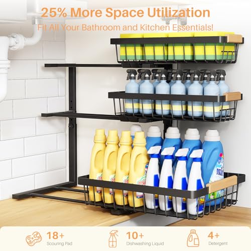 PXRACK Under Sink Organizer, 3-Tier 2-Pack Adjustable Height Pull Out Under Cabinet Organizer, Slide Out Thickened Metal Under Sink Storage for Kitchen Bathroom Laundry Pantry Organization, Black - color: Black