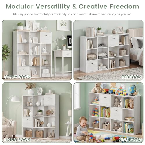 12 Cube Storage Organizer, White Bookshelf with 2 Fabric Drawers, Bookcase with Open Shelf, Cuby Organizer for Bedroom Living Room Library Office, Freestanding Storage Shelf, Cubicle Display Rack - color: Washed White, size: 12 Cube