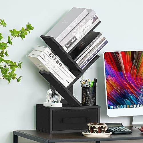 SHEEPAM Small Book Shelf with Drawer,4 Tier Black Tree Bookshelf,Wooden Desktop Bookcase,Modern Desk Display Storage Bookshelves,Floor Standing Organizer Bookcases for Living Room,Bedroom,Office - color: Classic Black, size: 4 Tier