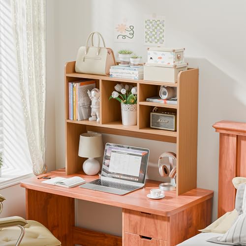 SUPER DEAL Desktop Bookshelf, Countertop Storage Hutch with 4 Shelves for Computer Desk, 2-Tier Display Rack, Multipurpose Wood Desk Hutch Storage Organizer for Home Office Dorm, Natural - color: Natural