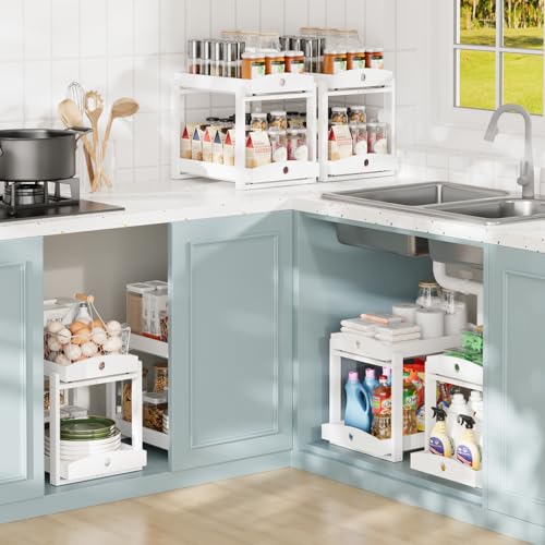Bamboo Wood Under Sink Organizer 1 Pack, Pull Out Cabinet Organizer 2 Tier Under Sink Organizers and Storage with Sliding Drawer Sturdy Easy Assembly for Kitchen Bathroom Undersink (White, 2 Packs) - color: White