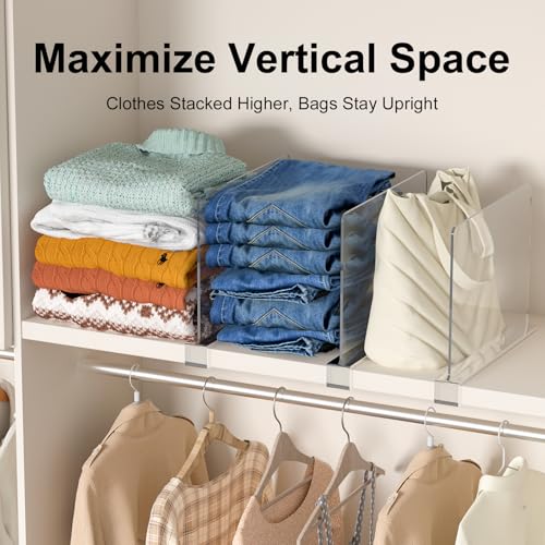 Purse Organizer for Closet Shelf Dividers: 8-Pack Adjustable Clear Acrylic Bag Storage Organizer for Handbags, Sweaters, Towels, Jeans and Shoes on Wood Shelves - color: Clear:8-pack, size: Standard: 8" Tall x 12" Deep