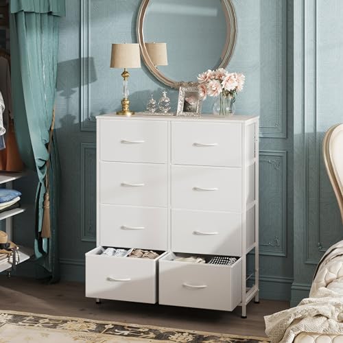 WLIVE Fabric Dresser for Bedroom, Tall Dresser with 8 Drawers, Storage Tower with Fabric Bins, Double Dressers, Chest of Drawers for Closet, Playroom, Dormitory, White - color: White, style: General