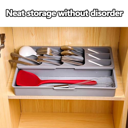 Expandable Kitchen Drawer Organizer Tray, 15.9×10.3×2.2in,Adjustable Silverware Storage for Spoons,Forks,Knives, Compact Cutlery Holder Saves Space(Grey)