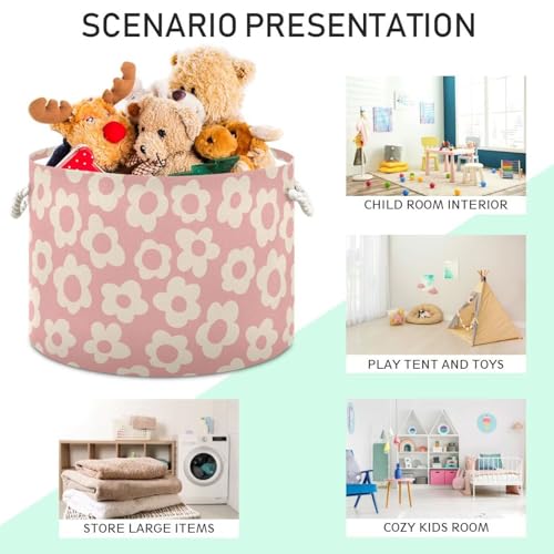 Vintage Pink Flower Print Round Storage Basket Cute Floral Large Laundry Hamper 20 x 20 x 14 Inches Organizer Bin with Cotton Rope Handles Clothes Storage Bag for Nursery Bedroom Living Room Decor - color: Pink