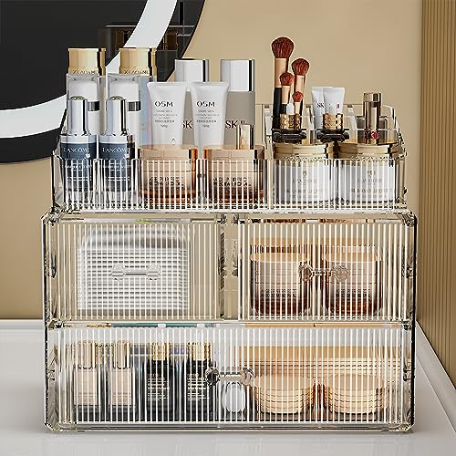 ZHIAI Stackable Cosmetic Organizer, Acrylic Cosmetic Organizer for Dresser, Vanity, Kitchen Cabinet, Bathroom, Under Sink, Home Organization and Storage (1 Top 3 Drawers) - color: (1 Base, 2 Drawers) with Top