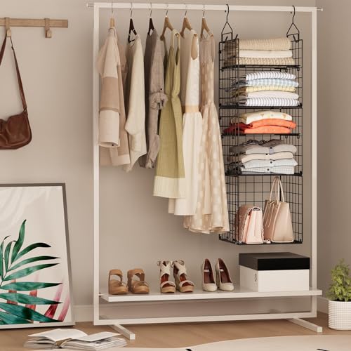 X-cosrack Hanging Closet Organizer and Storage - 5-Tier Closet Storage Organizer Baskets for Clothes & Adjustable Collapsible Metal Closet Hanging Organizer Shelves for Sweaters Shoes Handbags - color: Black, size: Small