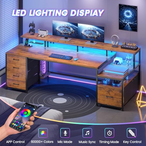 SEDETA Home Office Desk with File Drawer & Power Outlet, 75'' Large Computer Desk with 5 Drawer, Storage Shelves, Monitor Shelf and Led Lights, 23.6" W Desktop Gaming Desk, Rustic Brown - color: Rustic Brown, size: 75X23.6inch
