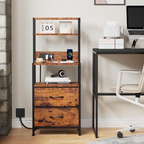 Furnulem Night Stand, Tall Nightstand with 4-Tier Shelves, 2 Fabric Drawers and LED Lights, Bed Side Tables with Charging Station, Bedside Table for Bedroom, Office, Rustic Brown - color: Rustic Brown, size: 2 Drawer