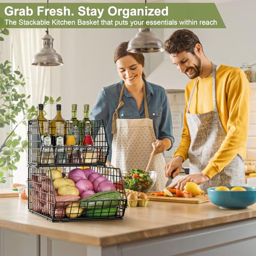 X-cosrack Stackable Wire Baskets for Counter, Fruit and Vegetable Storage, Potato and Onion Storage Bin，Kitchen Pantry Organizer - Wall Basket for Produce/Snack/Can, Large, Black - size: Large