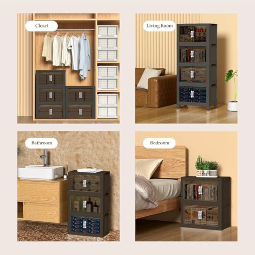 131QT Stackable Storage Bins with Lid & Door, 32 Gal Collapsible Plastic Storage Containers with Locking Wheel, Space Saving Foldable Organizer for Home Bedroom Office Gray 3T - size: 131Qt/32Gal-3Packs/1Top Lid