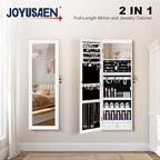 Mirror Jewelry Cabinet, Wall/Door Mounted Jewelry Armoire with Full-Length Mirror, Hanging Jewelry Organizer with LED Interior Lights, White