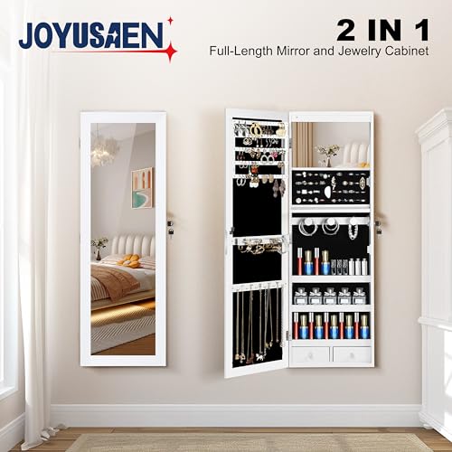 Mirror Jewelry Cabinet, Wall/Door Mounted Jewelry Armoire with Full-Length Mirror, Hanging Jewelry Organizer with LED Interior Lights, White