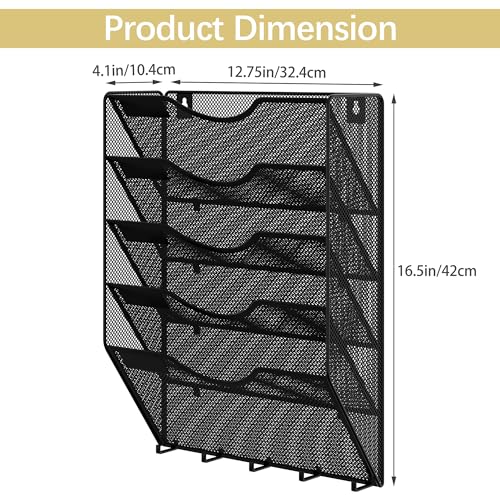 EasyPAG 5 Pocket Mesh Wall File Organizer with Key Hooks, Hanging Paper Folder Holder with Classify Label, Vertical Wall Mount Mail Organizer for Office Home Classroom, Black - color: Black with Hooks, size: 5 Tier