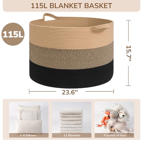 INDRESSME 115L Extra Large Blanket Basket for Apartment Décor, Woven Baby Laundry Hamper Shoe Basekts for Entryway, Wicker Storage Basket for Organizing, Camel Mix & Black - color: Camel Mix & Black, size: 23.6"D x 15.7"H