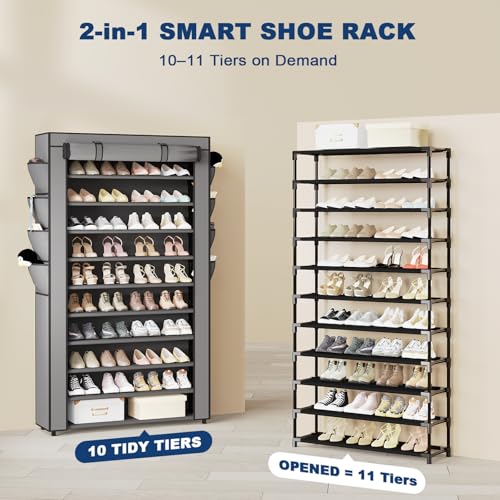 Mavivegue Shoe Rack with Cover, 10+1 Tier Tall Shoe Storage for 50-55 Pairs of Shoes, Shoe Organizer for Entryway, Closet, Garage, Grey - color: Grey, size: 10-Tier-Large