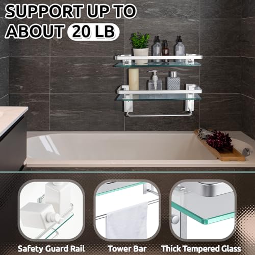 Suzile Set of 2 Glass Bathroom Shelves with Bar, Wall Mounted 15.7 x 4.7 Inches, Bathroom Shelves Hanging Modern Floating Shelf Metal Stick Room Rustproof Organizer Decorative(Silver) - color: As Shown in Picture