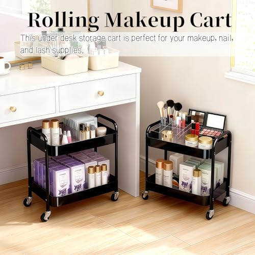 2 Tier Rolling Cart with Wheels for Under Desk Storage & Pantry Room, Large Capacity Laundry Room & Makeup Organizer, Sturdy Kitchen Utility Cart for Small Space with 4 Hooks, Black - color: Black