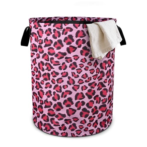 Pink Leopard Laundry Basket Foldable Oxford Cloth Tote Bag Laundry Hamper Clothes Storage Bucket Organizer For Bathroom/Laundry Storage/Bedroom 19.6x15.7 Inch - color: Pink Leopard