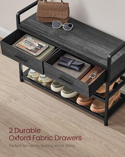 VASAGLE Hall Tree with Bench and Shoe Storage, Entryway Coat Rack with Shoe Bench, 2 Fabric Drawers, 10 Hooks, 11.8 x 31.7 x 71.5 Inches, Stone Gray and Ink Black UHSR429B04 - color: Stone Gray + Ink Black