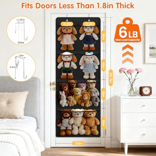 SpaceHacks Stuffed Animal Storage - Large Over the Door Organizer with 6 Expandable Mesh Pockets & Metal Hooks, Non-Woven Fabric Hanging Plush Items Holder for Nursery, Bedroom, Playroom (Black) - color: Black