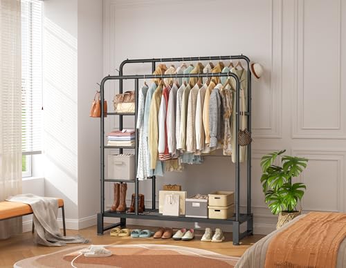 Double Rods Clothes Rack Clothing Rack with 4 Tier Storage Shelves Clothes Rack for Hanging Clothes Multifunctional Heavy Duty Clothes Organizer with Hooks for Bedroom,Wardrobe Closet,Shop,Black - color: Black