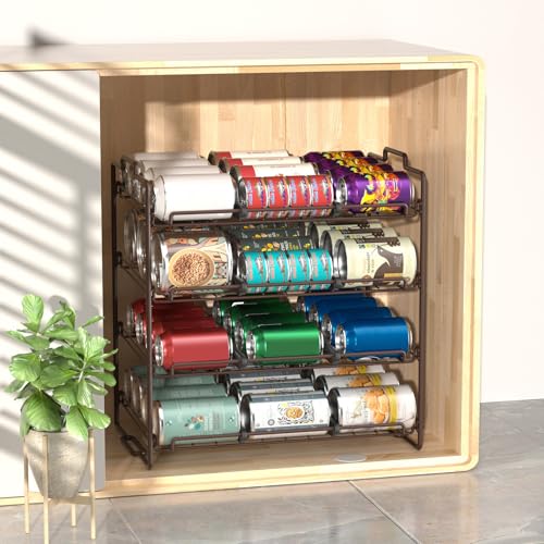 4 Tiers Stackable Can Rack Organizer, Wear-resistant Upgrade Beverage Food Can Dispenser Holder Holds up to 48 Cans for Kitchen Cabinet and Pantry (Brown) - color: brown