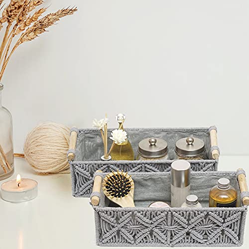 Macrame Storage Basket Boho Decor Baskets for Organizing Woven Decorative for Countertop Toilet Paper Basket for Tank Top for Home Decor Bedroom Nursery Livingroom Entryway (Set of 2,Grey) - color: grey
