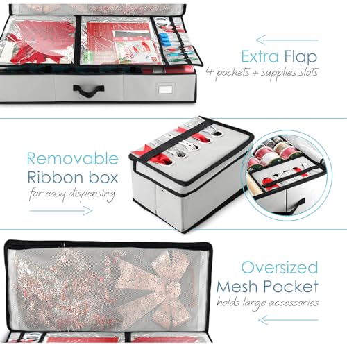 Hearth & Harbor Wrapping Paper Storage Container - Christmas Storage Bag with Ribbon Dispenser and Interior Pockets - Gift Wrap Organizer Fits Up to 26 Rolls of 40" Length, Silver - color: Silver, size: Large