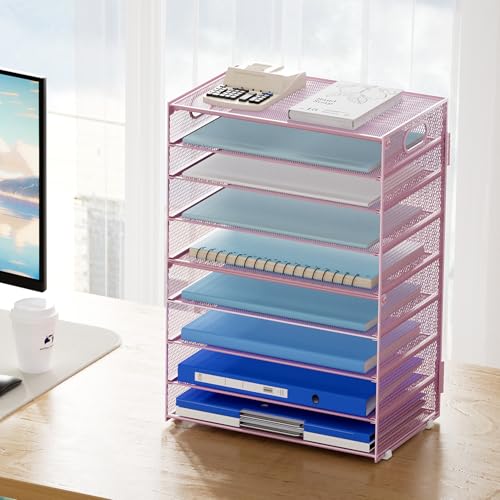 Marbrasse Paper Organizer Letter Tray, 9 Tier Mesh File Organizer with Handle, Paper Sorter Desk Organizer for Home Office Supplies - Pink - color: 9 Tier Pink