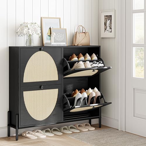 IRONCK Rattan Shoe Cabinet Storage with 4 Flip Drawers, Freestanding Shoe Storage Organizer Cabinet for Entryway, Narrow Shoe Rack Cabinet, Matte Black - color: Matte Black