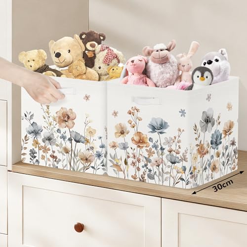 Clastyle Flowers Storage Cube Organizer Set Handle Closet Clothes Cube with Metal Frame Foldable Parents Organizer Storage Basket for Book Toy,Boho Brown,11.8x11.8x11.8 in - color: Brown