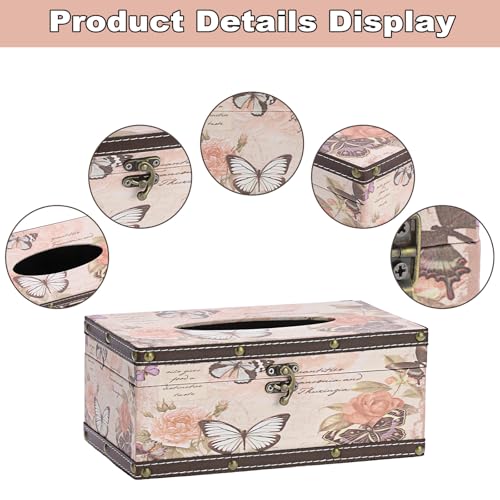 Vintage Tissue Box Cover, Wood Rectangular Tissue Box Holder, Decorative Butterflies Faux Leather Tissue Holders for Table Bathroom Living Room Kitchen Office Car Home Decor, Distressed Pink - size: Medium