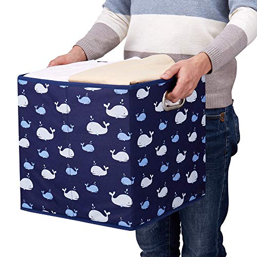 13x13x13 Inch Collapsible Storage Cubes, 3 Pack - Blue Nautical Ocean Themed with White Whale Pattern, Sturdy Cloth Cubes with Cardboard Support for Cubby Storage - color: Navy Blue-Whale